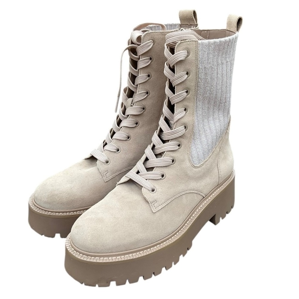 Women's Beige Suede Combat Boots Platform Lug Sole Lace Up Side Zip Size 6.5